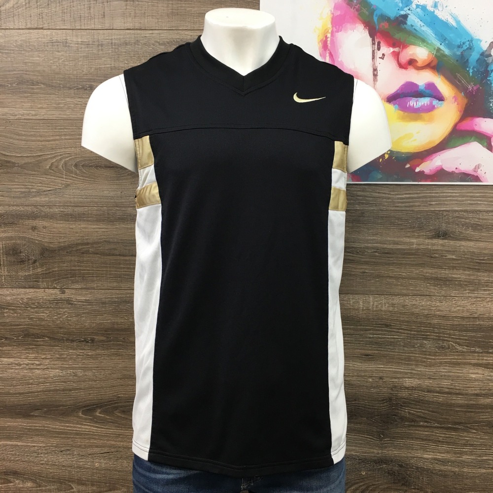 VINTAGE Nike Mens Y2K Basketball Jersey Sleeveless Mesh Black White Gold Size L